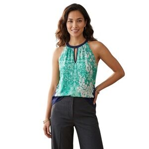 J. Jill Womens Green Floral Lace Print Halter Neck Keyhole Blouse Navy Blue XL